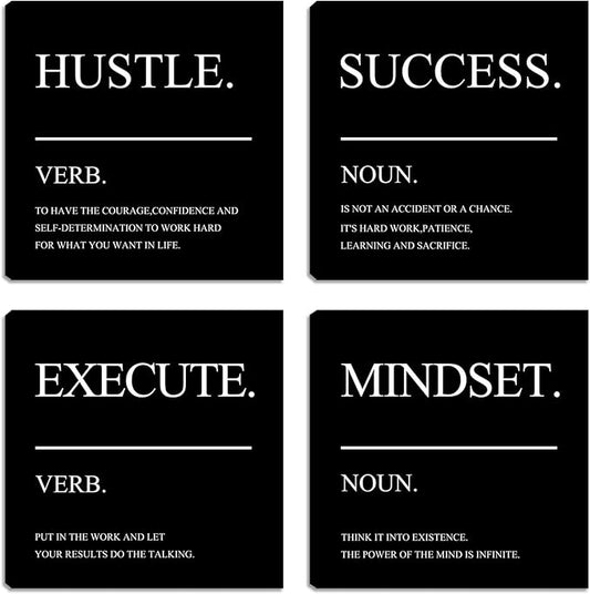Home Office Wall Decor - Framed Motivational Wall Art for Office - Inspirational Hustle Wall Art - Mindset Canvas Wall Art Decorate for Living Room Bedroom Men Office Decor - 16"x16"x4PCS