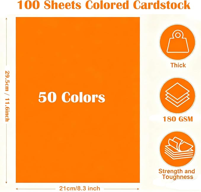 100 Sheets Colored Cardstock, 8.5" X 11" Colored Card Stock, 50 Assorted Colors Construction Colorful Paper Card Stock Printer Paper for Printing, Card Making, DIY Crafts, Party Decorations (180 GSM)