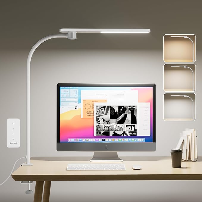 Honeywell HJ2 Sunturalux™ Clamp LED Desk Lamp, CRI≥97 Full-Spectrum Eye-Caring Light, 3 Color Modes & Stepless Dimming, 16" Flexible Gooseneck for Reading, Home Office, Art Creation (White)