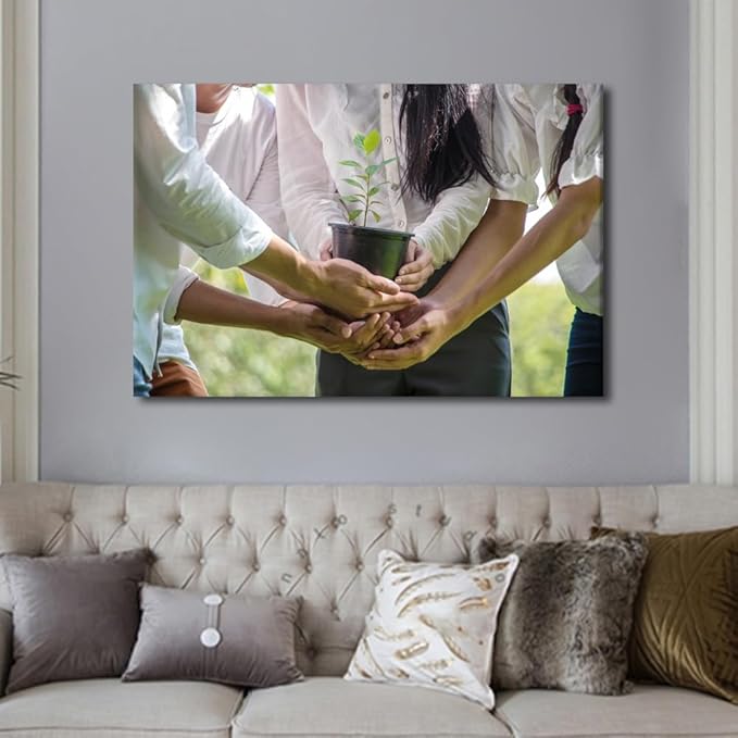 Large Wall Art A Group Of People Holding Potted Plants In The Park Teamwork Concept Pictures Modern Decor Poster Canvas Art Wall Decor for Office Framed 1 Panel (24" Wx36 H)