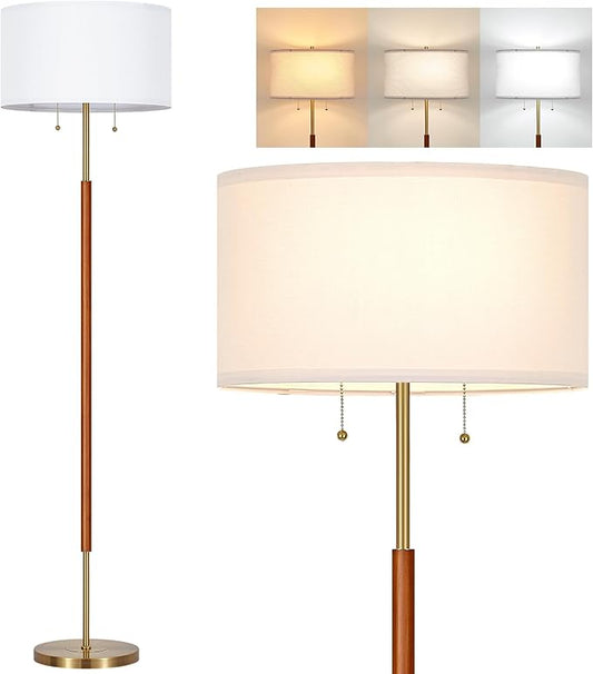 BTP Mid Century Floor Lamp for Bedroom, 2-Lights Wood Floor Lamp with Dual Switch, Tall Reading Standing Light for Living Room Office Farmhouse, 3 Color Temperatures 9W Bulbs*2 Included