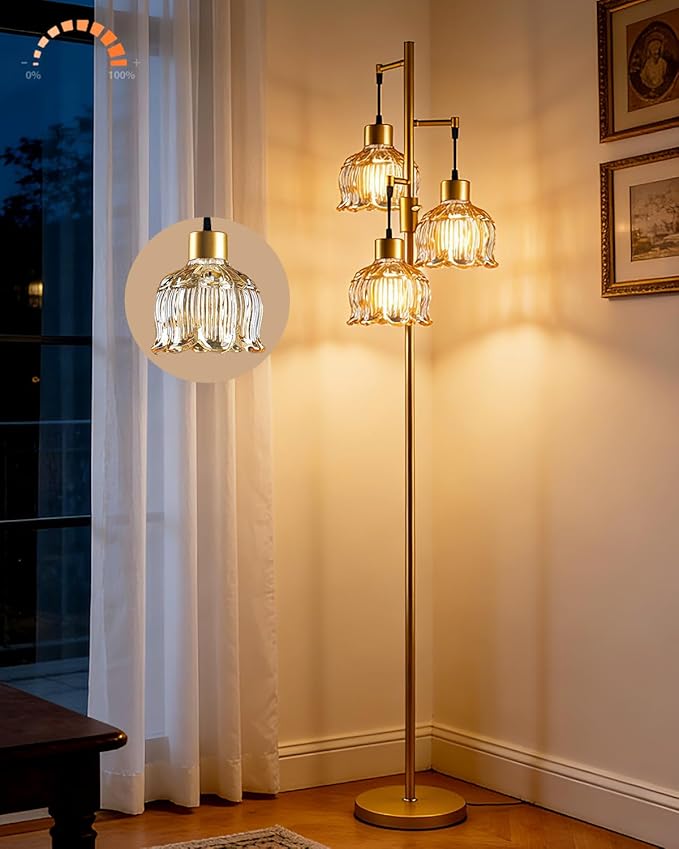 Lightdot 3-Light Lotus Floor Lamp 65'' Dimmable with Brown Glass Shade & E12 Bulbs Included, Mid Century Tall Flower Lamp for Living Room/Bedroom/Sofa Beside/Corner Decor - Gold