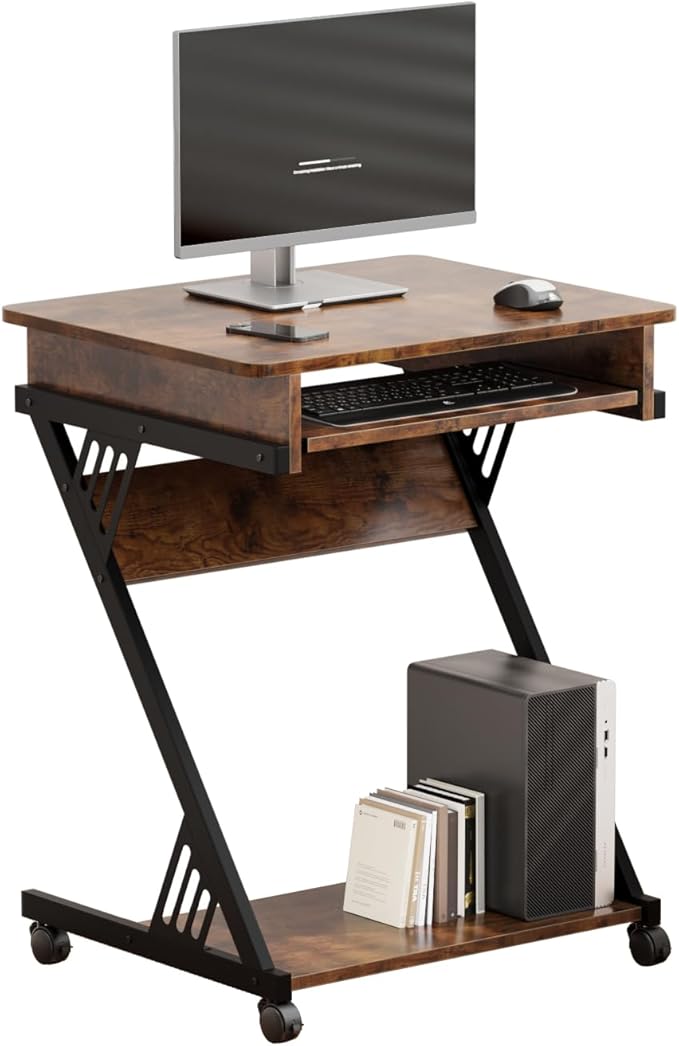 Zenira 24-Inch Small Computer Desk, 30-Inch Tall With Drawers, Corner Desk With Wheels for Gaming, Bedroom, Home, Office - Brown