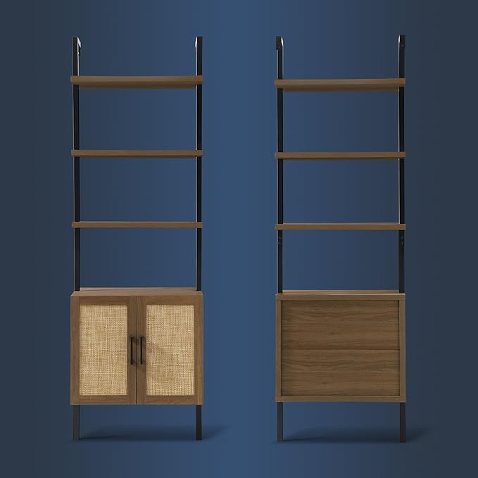 5 Tier Book Shelf Set of 2, 73" Tall Bookshelf with Storage, Modern Bookcase with Shelves, Wall Mount Ladder Shelf with Steel Frame, Bookshelves with Rattan Cabinet for Living Room (Special Walnut)