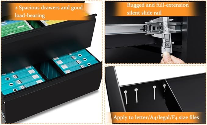 Bonnlo 35.5" Wide 2 Drawer File Cabinet with Lock, Black File Cabinets for Home Office, Metal Lateral File Cabinet & Printer Stand with Minimalist Design for Letter/Legal Size File Folders with Tabs