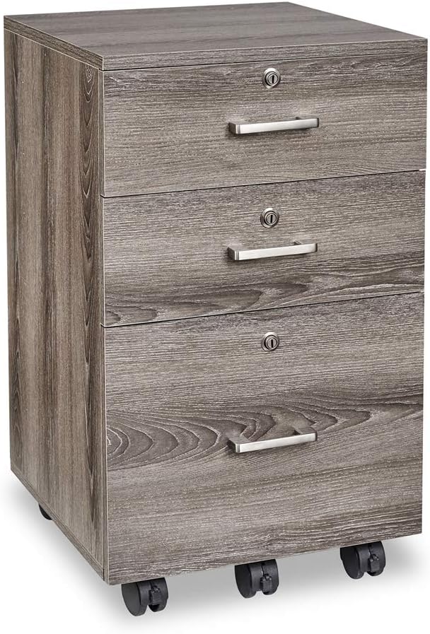Bonnlo 26"H 3 Drawer File Cabinet With Lock, Rolling Under Desk, Mobile for Home Office, Wood Printer Stand for Letter Size Filings, Assembly Required, Gray Oak