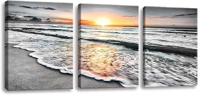 Bamdeya Bathroom Wall Decorations 3 Piece Black and White Picture Framed Wall Art Bedroom Beach Canvas Prints Photos Ocean Painting Sunset Poster Sea Artwork for Office Dining Room Decor 12x16x3pcs
