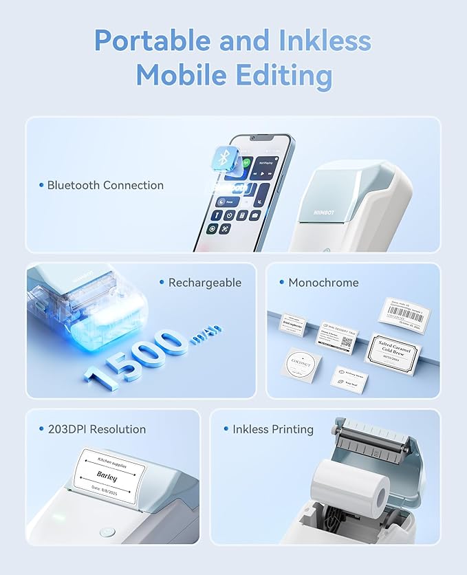 NIIMBOT B1 Label Maker Machine, Thermal Label Printer Easy to Use for Office, Home, Business, Came with 1 Roll White Label(Light Blue)