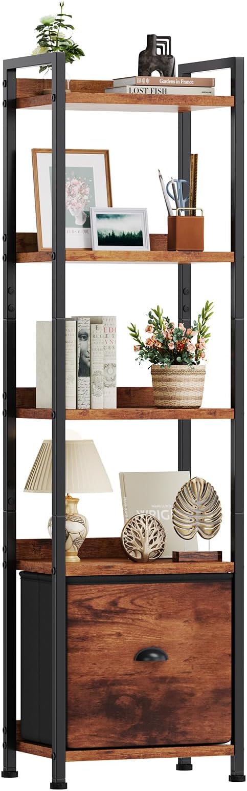 DUMOS 5 Tier Bookshelf, Bookcase with Fabric Drawer, Multi-Functional Display Standing Shelf for CDs/Books/Movies, Wood and Metal Storage Organizer in Bedroom, Living Room and Closet, Rustic Brown