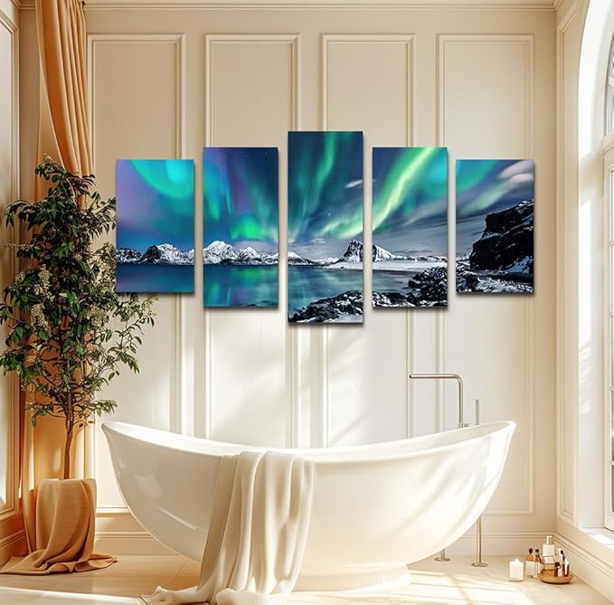 Large Wall Decor For Living Room Canvas Wall Art For Bedroom Blue Aurora Scenery Paintings Modern Canvas Art Prints Ready To Hang Office Pictures For Home Wall Decorations Artwork 5 Piece Set