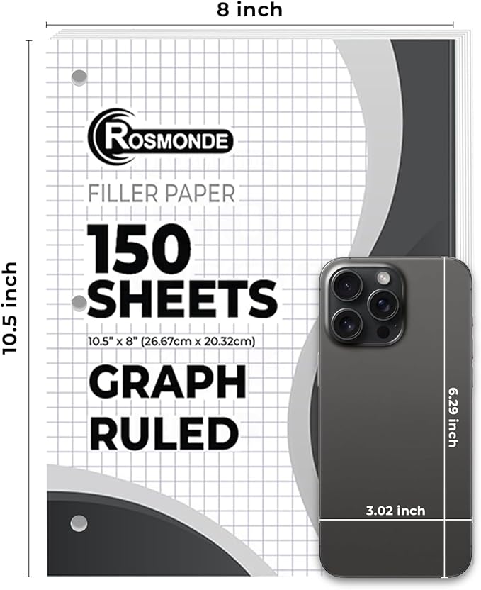 Rosmonde Loose Leaf Paper Bulk, 3600 Sheets, 24 Pack, Quad Ruled Sheets, 8" x 10.5", Bulk Notebook Papers, 3 Hole Punched, Graph Ruled Filler Paper for Binders, 150 Sheets/Pack, School Supplies, White