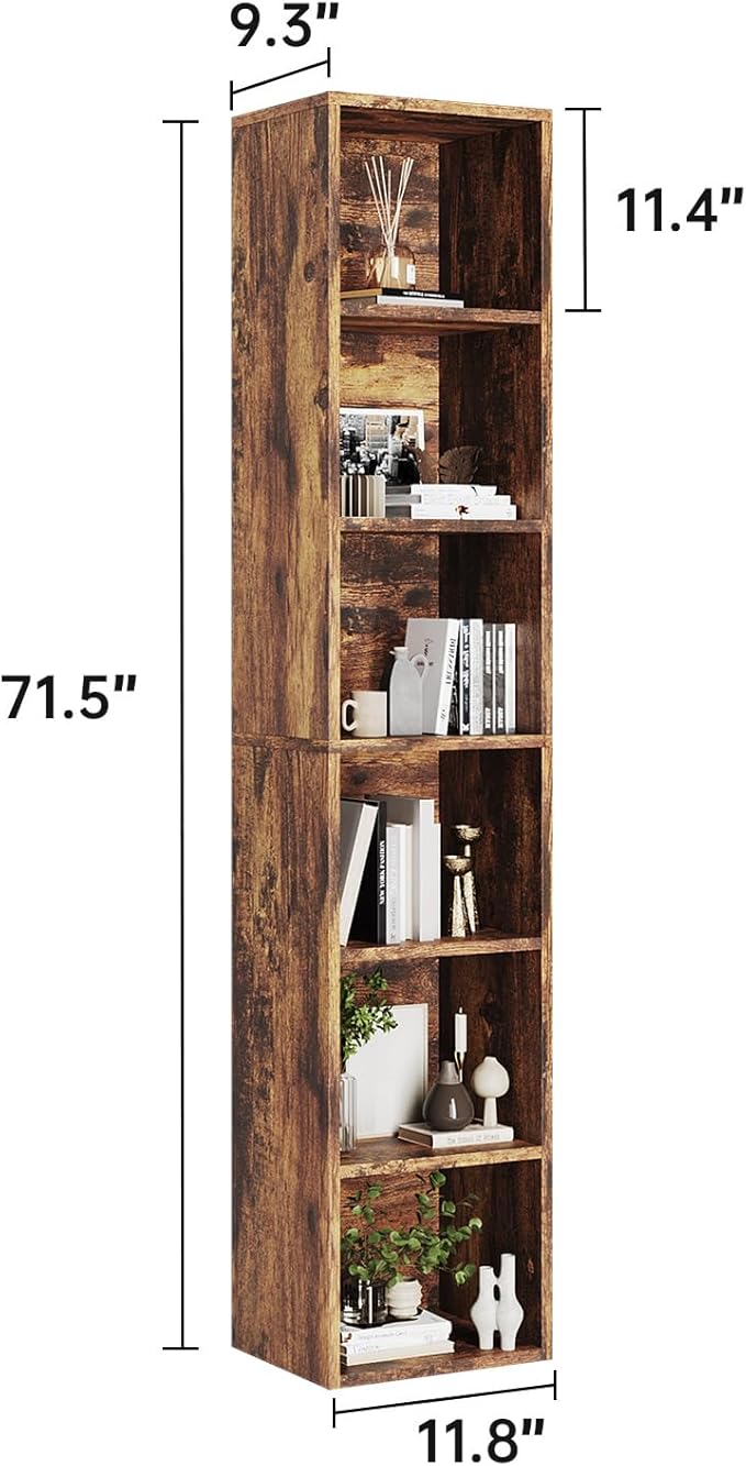 MXV Narrow Bookshelf, 6-Tier Open Bookcase, Coner Shelf, Storage Shelves, Display Storage Shelves, Floor Standing Unit, Home Decor, Furniture for Home Office, Living Room, Bedroom, Brown