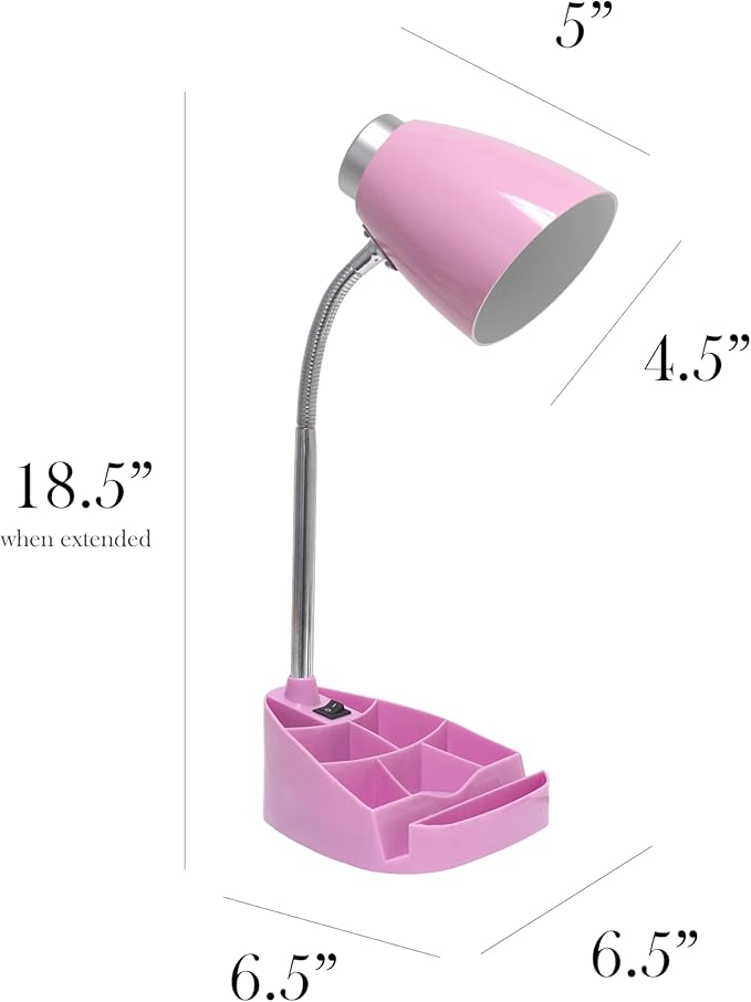 Simple Designs LD1067-PNK Compartmental Desk Lamp with iPhone/iPad/Tablet Stand, Bendable Gooseneck, for Office, Living Room, Nightstand, Library, Entryway, Pink