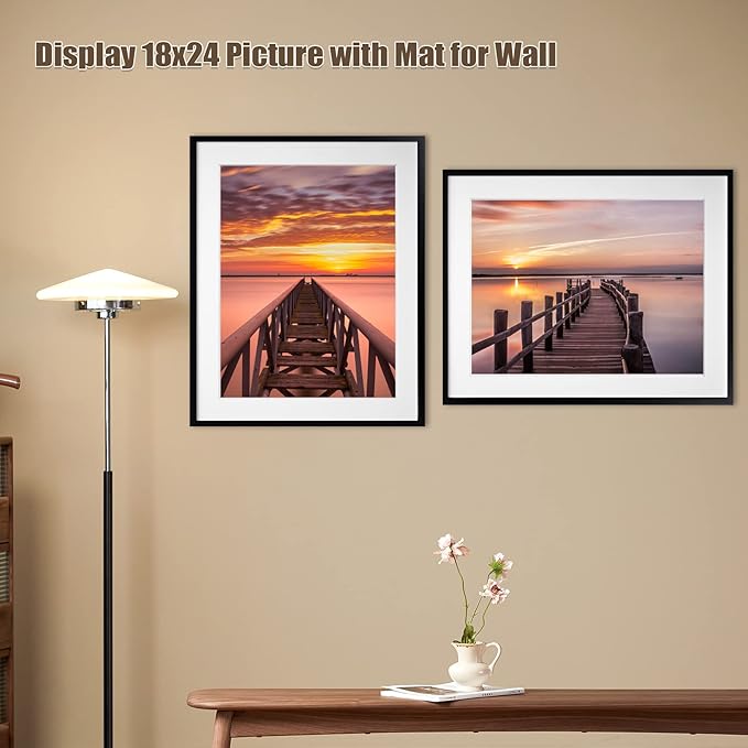 Egofine 22x28 Solid Wood Poster Frames Matted for 18x24 Set of 2 Black - with Acrylic Plexiglass Front, Hanging Picture Frames Vertically or Horizontally