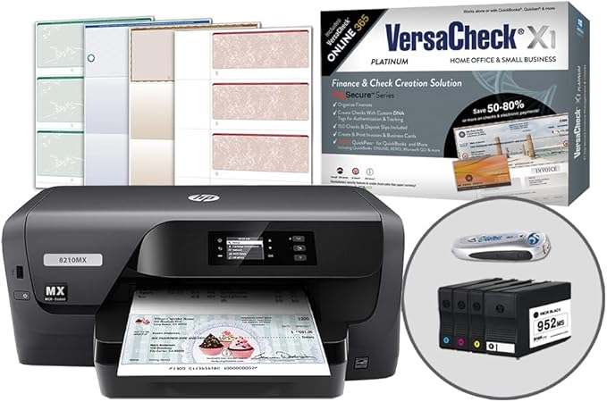 VersaCheck HP OfficeJet Pro 8210 MXE MICR Check Printer X1 Platinum Check Printing Software Bundle, Black