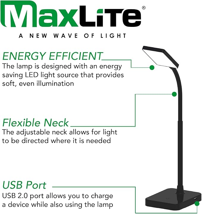 MaxLite Desk LAMP LED 4W Slim 3000K, USB Port, Black Finish, White