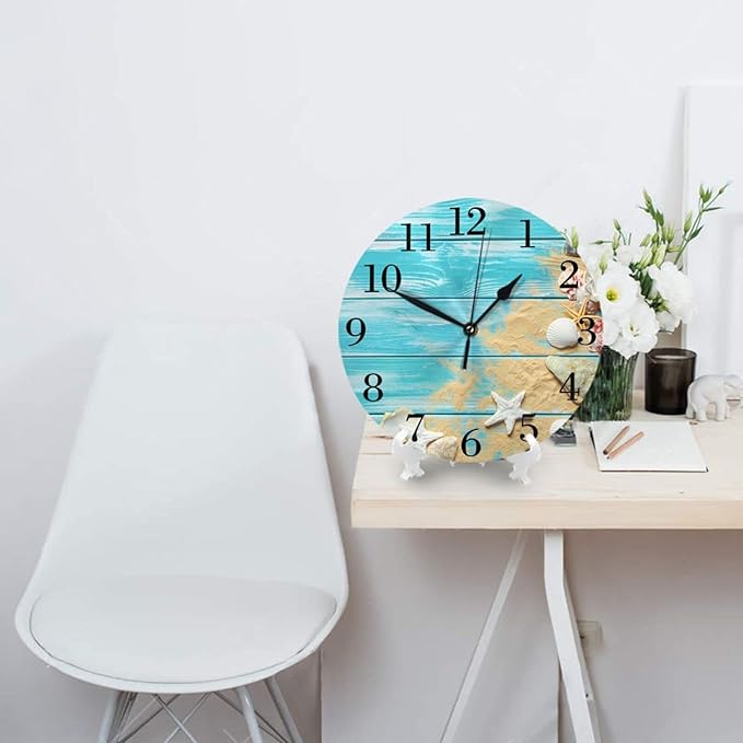 sea Shells Wooden Board Background Wall Clock Battery Operated Silent Round Clock Wall Decor for Home Office School, 12 Inch