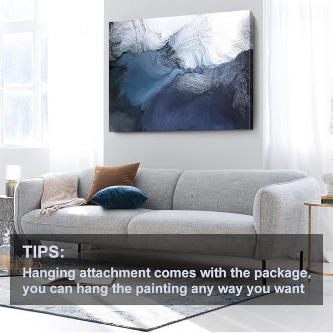 Canvas Wall Art Abstract Art Paintings Navy Blue Block and Line Graffiti is Like Running Water on White Background Modern Artwork Decor for Living Room Bedroom Kitchen 48x32in
