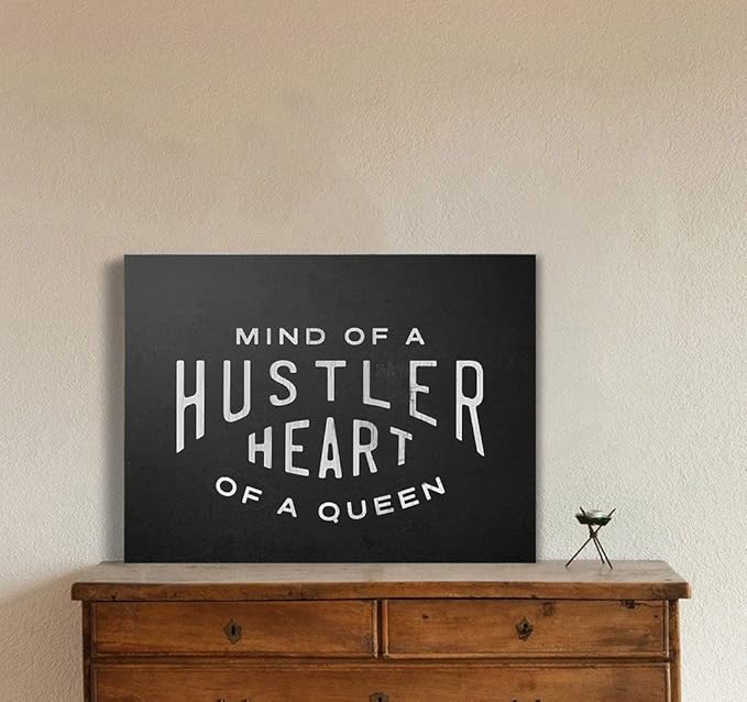 Mind Of A Hustler Heart Of A Queen - Inspirational Contemporary Entrepreneur Quotes Canvas Wall Art Black and White Motivational Framed Artwork HD Print Easy to Hang-24 Wx18 H