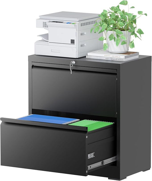 File Cabinets for Home Office, 2 Drawer Metal Lateral Filing Cabinets with Lock, Heavy Duty Locking File Cabinet for Hanging Letter/Legal/F4/A4 Size Files, Assembly Required (Black)