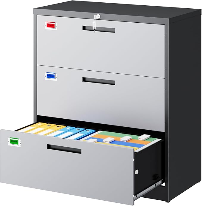 3 Drawer File Cabinet, Lateral Filing Cabinets for Home Office, Office Storage Drawers with Lock, Hanging Files Legal/Letter A4 Size (Assemble Required,Black Grey)