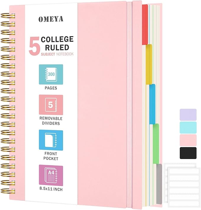 Spiral Notebook 8.5" x 11", 5 Subject Notebooks College Ruled with Removable Dividers, 300 Pages 100GSM Thick Spiral Writing Journal for Women & Men, Large A4 Lined Journal Notebooks for Work, School