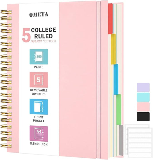 Spiral Notebook 8.5" x 11", 5 Subject Notebooks College Ruled with Removable Dividers, 300 Pages 100GSM Thick Spiral Writing Journal for Women & Men, Large A4 Lined Journal Notebooks for Work, School