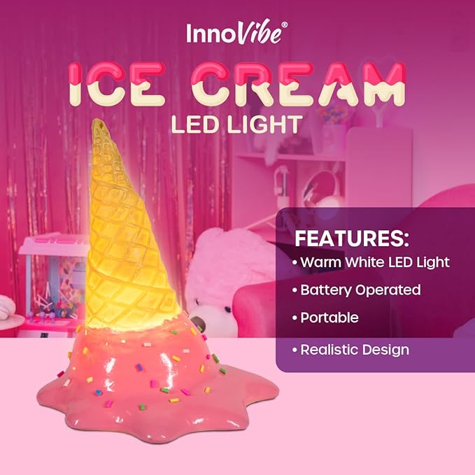 Spilled Ice Cream Desk Light, Cute Resin College Lamp for Dorm Room or Kids Bedroom, Warm White LED Light, Battery Operated Decor for Girls & Home Office