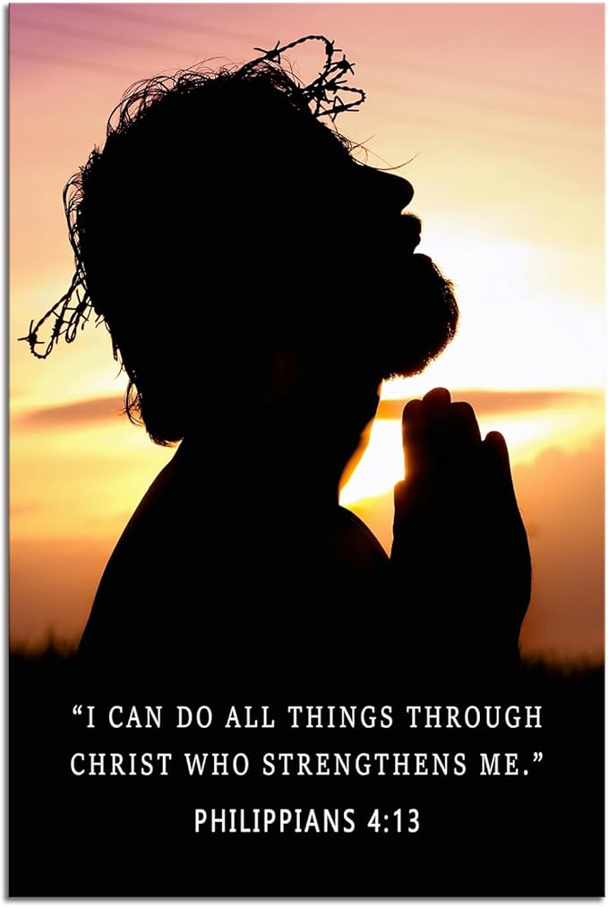 Religious Wall Decor“I Can Do All Things Through Christ”Philippians 4:13 Bible Verse Poster Inspirational Wall Art Jesus Silhouette with Crown Inspirational Quote for Church Home Indoor[12" W X 18" H]