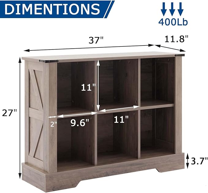 6 Cube Storage Organizer, 2 Tier Book Shelf with Led Lights, Farmhouse Book Shelves for Living Room, Horizontal Toy Storage Bookshelf, Wood Display Bookcase Cabinet for Bedroom, Office, Grey