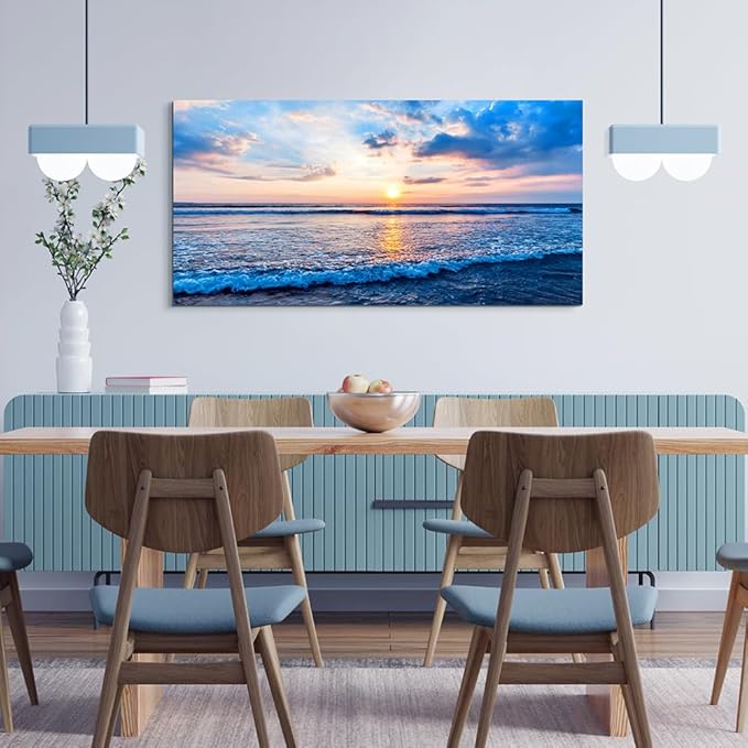 Lapremoly Canvas Wall Art - Large Living Room & Office Decor - Blue Ocean Waves Landscape - Ready To Hang