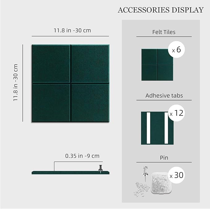Large Felt Cork Board Alternative - 36" x 24" Bulletin Board with 30 Pushpins, 6 Pack Adhesive Cork Board, Sound Absorbing Fabric Wall Tiles, for Office Home Music Class, Dark Green