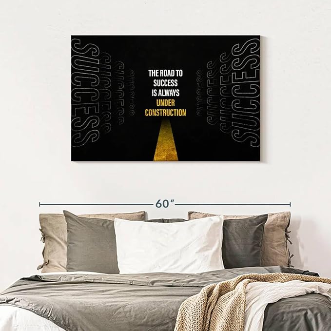 ElephantStock - Work On Your Road To Success Wall Art - Horizontal Canvas Wall Art - Home Office Wall Decor - Digital Art Inspirational And Typography Canvas Art - Black And White Decor - 45" x 30"