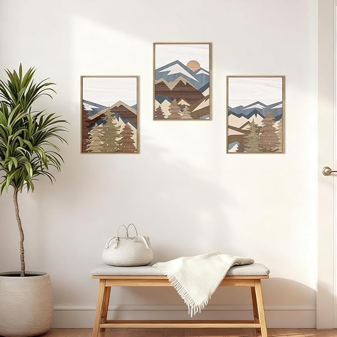 BINCUE Framed Boho Mountain Wall Art,Boho Landscape Canvas Wall Decor Beige,Large Mountain Artwork Woodcut,Abstract Sun Forest Nature Art Prints for Office Living Room Bedroom Home 12"Lx16"W Set of 3