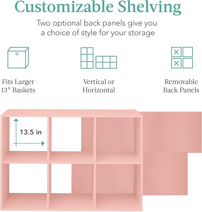 Best Choice Products Kids Bookcase 6-Cube Storage Organizer, 13.5in Shelf Opening, Bookshelf, Toy Storage, Customizable w/ 3 Removable Back Panels – Light Pink