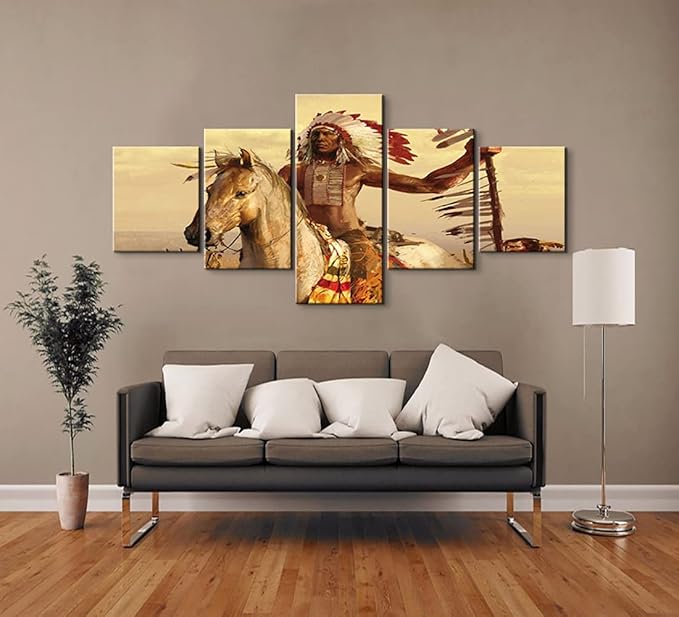 YOUHONG Native American Wall Art | Chief with Horse Design | 5-Panel Set with High-Definition Printing, Ready to Hang for Indian Home Decor, Native American Wall Decor, Size 50" W x 24" H