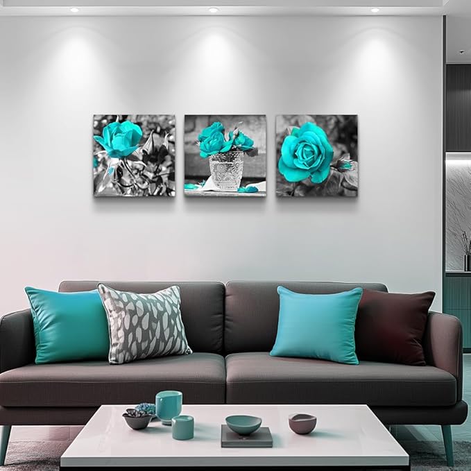 Canvas Wall Art For Bedroom Wall Decor For Living Room Black And White Wall Paintings Blue Rose Flowers Pictures Watercolor Giclee Canvas Prints Ready To Hang Room For Girls Home Decoration 3 Piece