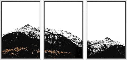 SIGNWIN 3 Piece Framed Canvas Wall Art Black and White Mountain Tops Photo Nature Wilderness Illustrations Abstract Traditional Home Artwork Decoration for Living Room,Bedroom - 24"x36"x3 White