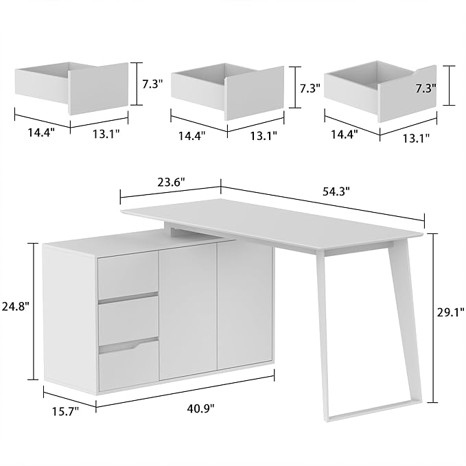Homsee Home Office Computer Desk Corner Desk with 3 Drawers, 2 Shelves & 2 Doors, 55 Inch Large L-Shaped Study Writing Table with Storage Cabinet, White & Brown (54.3”L x 40.9”W x 29.1”H)