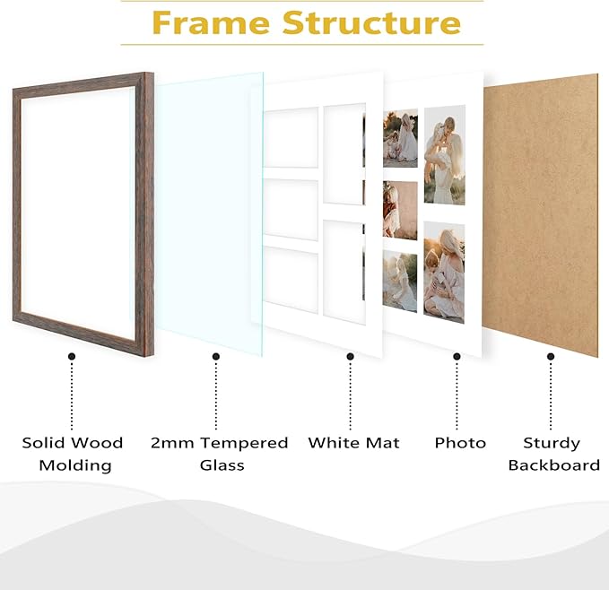 Golden State Art, 11x14 Distressed Brown Wooden Frame with White Mat - Displays Five 4x6 Photos - Tempered Glass - Wall Mounting, Portrait, Set of 3
