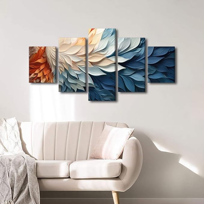 Abstract Canvas Wall Art Decor Modern Living Room Wall Art for Men Blue White Orange Poster Printing 5 Panel Home Decor for Lady Bedroom Office Wall Decor Stretched and Framed Ready to Hang 60x32 in