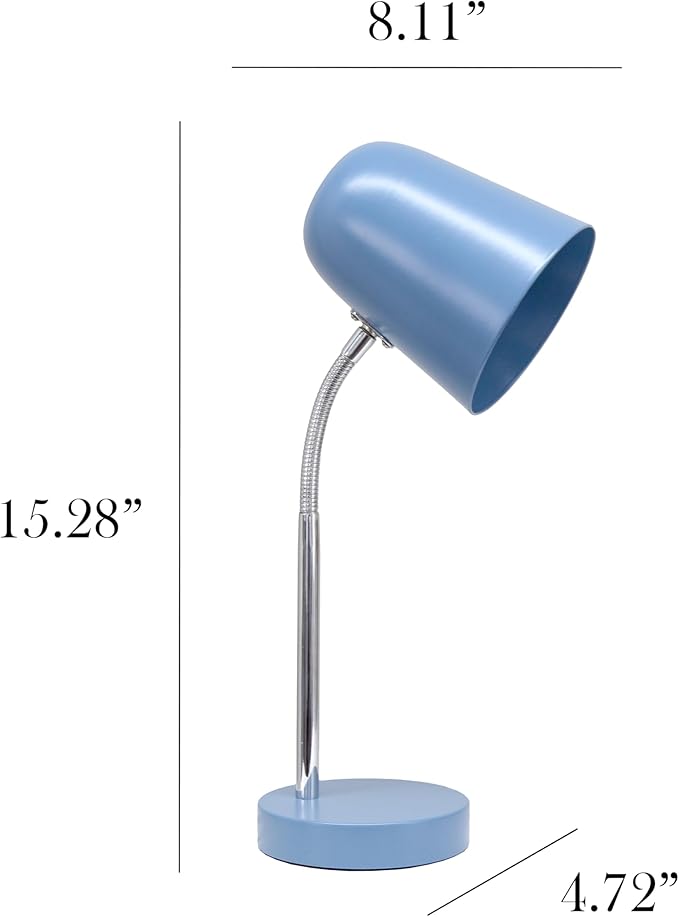 Simple Designs LD1075-BLU 15.28" Sleek Essentials Minimalist Metal Desk Task Lamp, for Office, Desk, Nightstand, Dorm, Blue