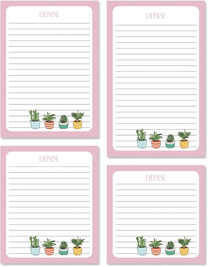 Pink Border Succulents Personalized Notepad Sets - Set of 4, 100-sheet Pads, Add Your Name, Largest pad 4-1/4" x 6-3/4", Personalized Stationery, Graduation Gift