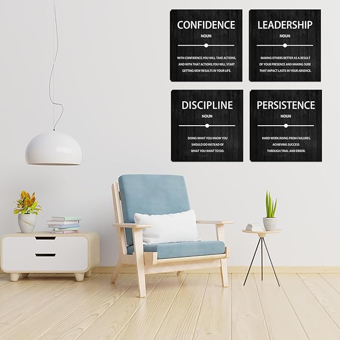 Halioyo 4 Pieces Inspirational Wall Art, Motivational Canvas Prints, Persistence Leadership Confidence Discipline Painting Poster for Living Room Bedroom Home Office Wall Decor, 16x16-inch