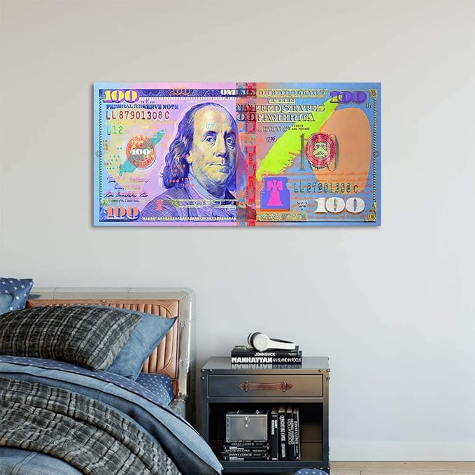 Artwork for Home Walls Large Money Bill Canvas Work Pictures for Office Modern Home Decor Colorful USD Dollars Art Print Wood Pallets for Bed for Bathroom Guest Room Framed Ready to Hang-40 Wx20 H