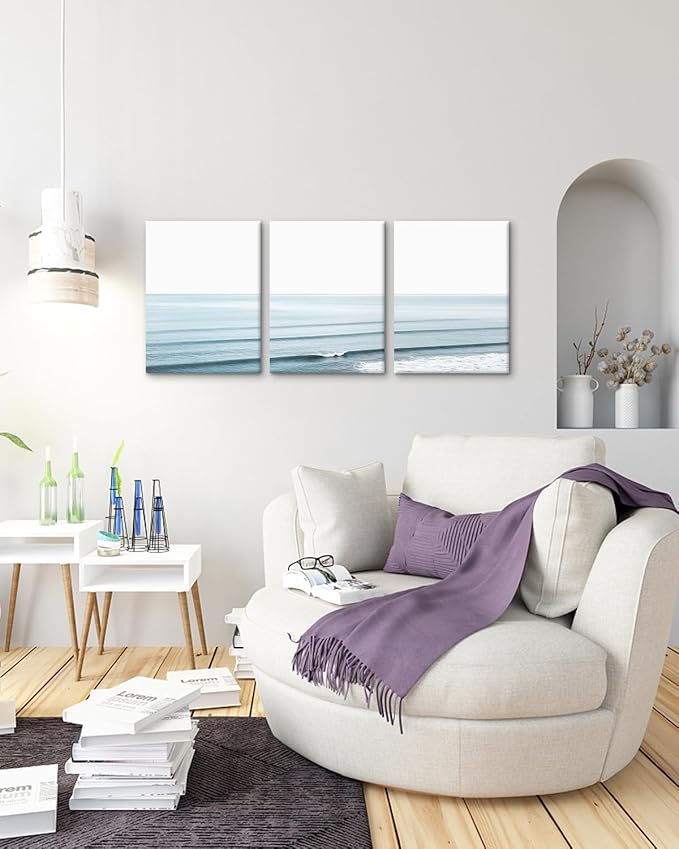 KBKBART Framed Canvas Wall Art Prints Ocean Wall Art Set of 3, Beach Wall Decor,Modern Waves Print Coastal Artwork for Walls, Beach Blue Sea Poster for Bathroom, Bedroom Decor - 12"x16"