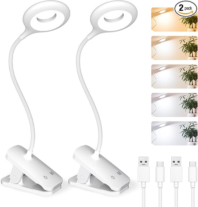 CUHIOY 2Pack Clip on Reading Light, 5 Colors 5 Brightness Bed Light for Headboard, Battery Rechargeable Flexible Arm Table Lamp with Clamp, Eye Protect LED Book Light at Night for Crafting（White）