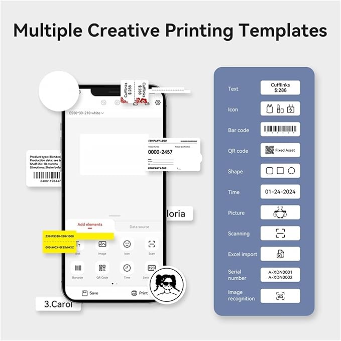 Label Printer, M2 Portable Thermal Transfer Label Printer Multi-Function Sticker Maker Machine for Office Clothes Tag Power Cable