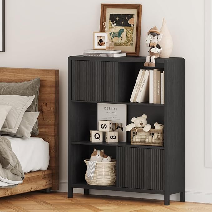 FATORRI Small Bookshelf with Storage, Wooden Cube Bookcase with Doors, Cube Storage Organizer for Home Office, Bedrooom, Living Room (Black)