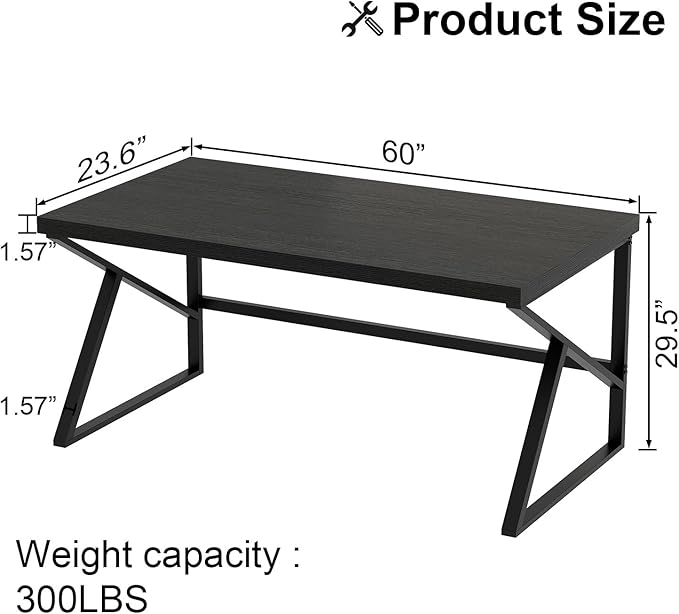 HSH Black Computer Desk, Long Home Office Laptop PC Desk, Large Industrial Metal Wood Executive Writing Gaming Workstation Desk, Modern Simple Student Study Work Table for Bedroom Living Room, 60 Inch